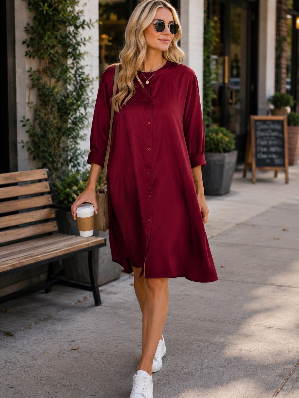Eileen Fisher Serno Mandarin Women's Button-Front Burgundy Shirt Dress size 1X